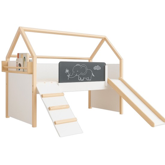 Детско Легло Къщичка GINGER HOME, Монтесори, Двуетажно, Пързалка, Черна Дъска, Подматрачна Рамка 90х200 см Детско Легло Къщичка GINGER HOME, Монтесори, Двуетажно, Пързалка, Черна Дъска, Подматрачна Рамка 90х200 см