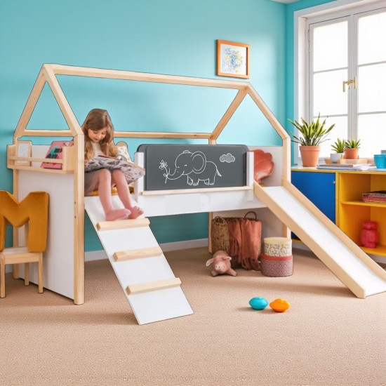 Детско Легло Къщичка GINGER HOME, Монтесори, Двуетажно, Пързалка, Черна Дъска, Подматрачна Рамка 90х200 см Детско Легло Къщичка GINGER HOME, Монтесори, Двуетажно, Пързалка, Черна Дъска, Подматрачна Рамка 90х200 см