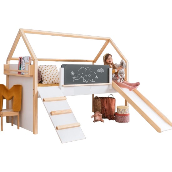Детско Легло Къщичка GINGER HOME, Монтесори, Двуетажно, Пързалка, Черна Дъска, Подматрачна Рамка 90х200 см Детско Легло Къщичка GINGER HOME, Монтесори, Двуетажно, Пързалка, Черна Дъска, Подматрачна Рамка 90х200 см