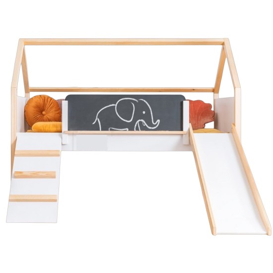 Детско Легло Къщичка GINGER HOME, Монтесори, Двуетажно, Пързалка, Черна Дъска, Подматрачна Рамка 90х200 см Детско Легло Къщичка GINGER HOME, Монтесори, Двуетажно, Пързалка, Черна Дъска, Подматрачна Рамка 90х200 см