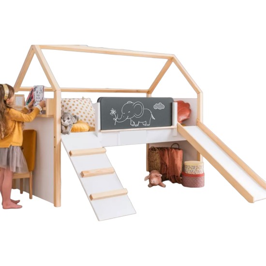 Детско Легло Къщичка GINGER HOME, Монтесори, Двуетажно, Пързалка, Черна Дъска, Подматрачна Рамка 90х200 см Детско Легло Къщичка GINGER HOME, Монтесори, Двуетажно, Пързалка, Черна Дъска, Подматрачна Рамка 90х200 см