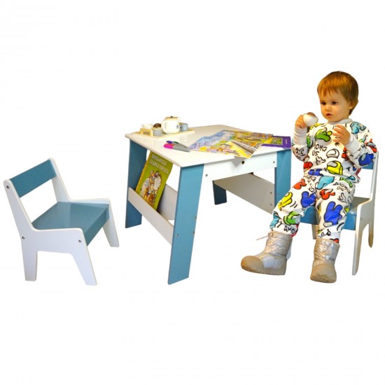 Детска Дървена Маса с 2 Столчета, с контейнер за играчки, конструктори и място за съхранение на книжки - Бяло/Синьо