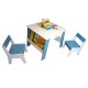 Детска Дървена Маса с 2 Столчета, с контейнер за играчки, конструктори и място за съхранение на книжки - Бяло/Синьо