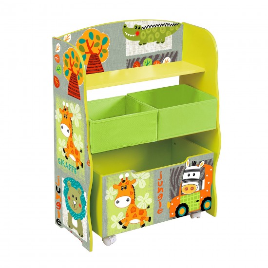 Детски Дървен Органайзер за Съхранение на Играчки и Книжки, Етажерка с Контейнер на Колелца - JUNGLE