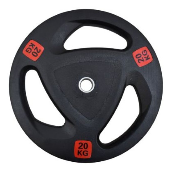 Диск за щанга MAXIMA, 20 кг, За лостове Ф25-28 мм, Гумиран, С метален пръстен и дръжки /310565/ Диск за щанга MAXIMA, 20 кг, За лостове Ф25-28 мм, Гумиран, С метален пръстен и дръжки /310565/