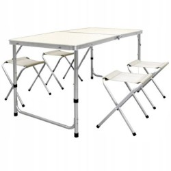 Сгъваема маса за къмпинг MAXIMA, С 4 стола и отвор за чадър, Бяла 60021001