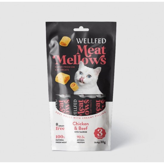 Лакомство за котка WELLFED MEAT MELLOWS CHICKEN AND BEEF (3X10GR) 30GR Лакомство за котка WELLFED MEAT MELLOWS CHICKEN AND BEEF (3X10GR) 30GR
