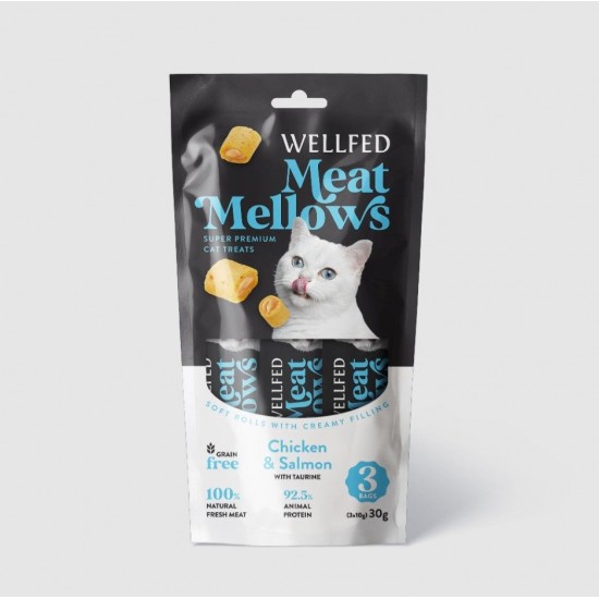 Лакомство за котка WELLFED MEAT MELLOWS CHICKEN AND SALMON (3X10GR) 30GR Лакомство за котка WELLFED MEAT MELLOWS CHICKEN AND SALMON (3X10GR) 30GR