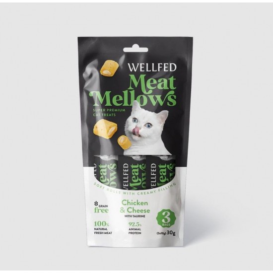 Лакомство за котка WELLFED MEAT MELLOWS CHICKEN AND CHEESE (3X10GR) 30GR Лакомство за котка WELLFED MEAT MELLOWS CHICKEN AND CHEESE (3X10GR) 30GR