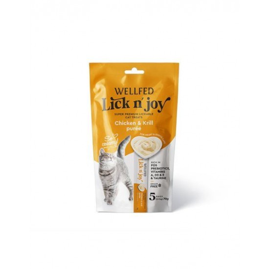 Кремообразно лакомство за котки WELLFED LICK N’ JOY CHICKEN & KRILL (5*14GR) 70GR Кремообразно лакомство за котки WELLFED LICK N’ JOY CHICKEN & KRILL (5*14GR) 70GR