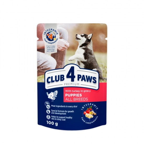 CLUB 4 PAWS POUCH PREMIUM PUPPY DOG WITH TURKEY IN SAUCE 0,100 KG – Пълноценна консервирана храна за кученца CLUB 4 PAWS POUCH PREMIUM PUPPY DOG WITH TURKEY IN SAUCE 0,100 KG – Пълноценна консервирана храна за кученца