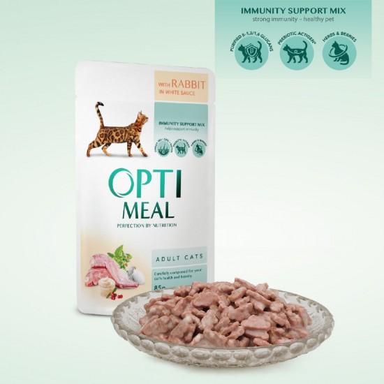 OPTIMEAL POUCH ADULT CAT WITH RABBIT IN WHITE SAUCE 0.85 KG Супер премиум консервирана храна за котки OPTIMEAL POUCH ADULT CAT WITH RABBIT IN WHITE SAUCE 0.85 KG Супер премиум консервирана храна за котки