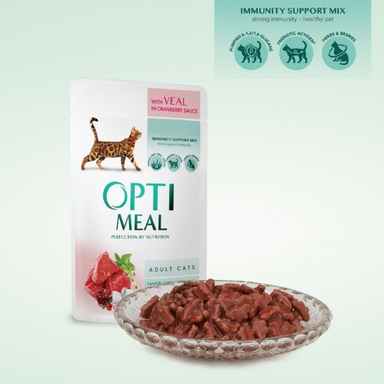 OPTIMEAL POUCH ADULT CAT WITH VEAL IN CRANBERRY SAUCE 0.85 KG Супер премиум консервирана храна за котки OPTIMEAL POUCH ADULT CAT WITH VEAL IN CRANBERRY SAUCE 0.85 KG Супер премиум консервирана храна за котки