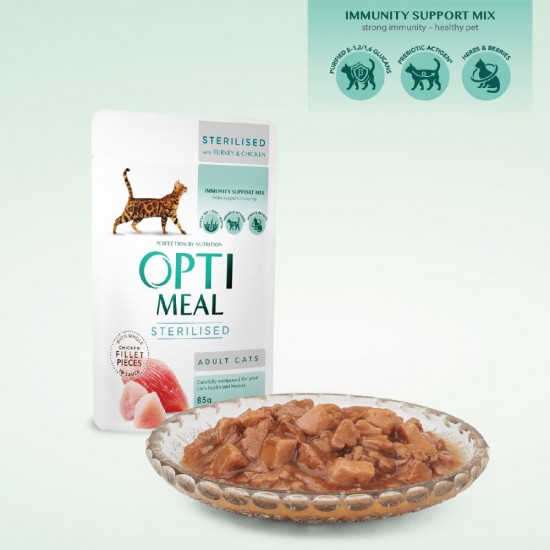 OPTIMEAL POUCH ADULT CAT STERILISED WITH TURKEY/CHICKEN FILLET 0.085 Супер премиум консервирана храна за котки OPTIMEAL POUCH ADULT CAT STERILISED WITH TURKEY/CHICKEN FILLET 0.085 Супер премиум консервирана храна за котки