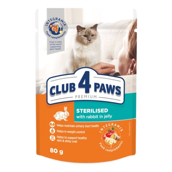 CLUB 4 PAWS POUCH PREMIUM ADULT CAT STERILISED WITH RABBIT IN JELLY 0.80 ГР. 24PCS – Пълноценна консервирана храна за котки CLUB 4 PAWS POUCH PREMIUM ADULT CAT STERILISED WITH RABBIT IN JELLY 0.80 ГР. 24PCS – Пълноценна консервирана храна за котки