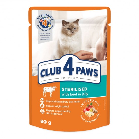 CLUB 4 PAWS POUCH PREMIUM ADULT CAT STERILISED WITH BEEF IN JELLY 0.80 ГР. 24PCS – Пълноценна консервирана храна за котки CLUB 4 PAWS POUCH PREMIUM ADULT CAT STERILISED WITH BEEF IN JELLY 0.80 ГР. 24PCS – Пълноценна консервирана храна за котки