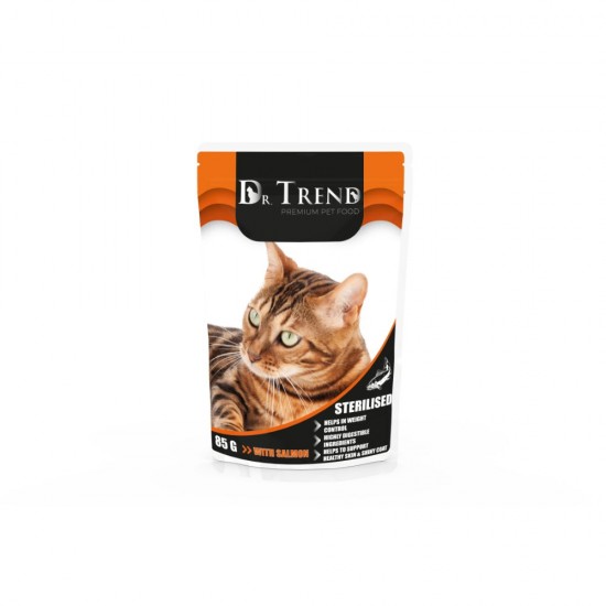 DR. TREND POUCH CAT STERILISED WITH SALMON 0,085 KG – Пълноценна консервирана храна за котки DR. TREND POUCH CAT STERILISED WITH SALMON 0,085 KG – Пълноценна консервирана храна за котки
