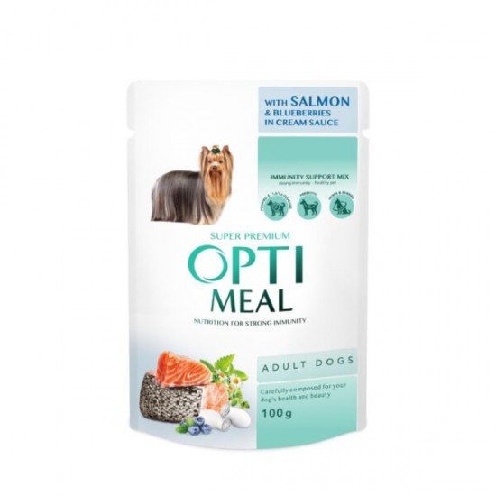 OPTIMEAL POUCH ADULT DOG WITH SALMON AND BLUEBERRIES IN CREAM SAUCE 0.100 KG – ПАУЧ ЗА КУЧЕ OPTIMEAL POUCH ADULT DOG WITH SALMON AND BLUEBERRIES IN CREAM SAUCE 0.100 KG – ПАУЧ ЗА КУЧЕ